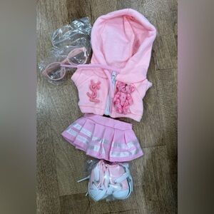 Doll 4 piece set Pink Hooded Vest, Skirt,  Shoes and glasses